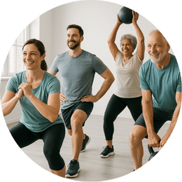 Vierte Personen führen unterschiedliche Fitnessübungen in einem modernen Raum durch.